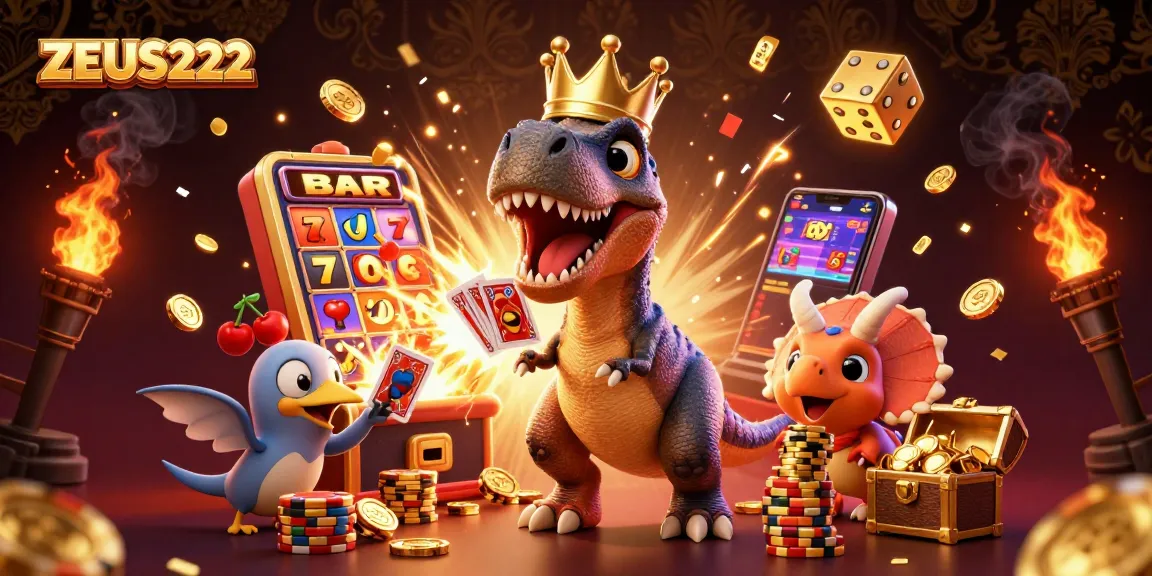 Menangkan game jackpot ZEUS222 sambil bermain dengan T-Rex dan pterodactyl di kasino.