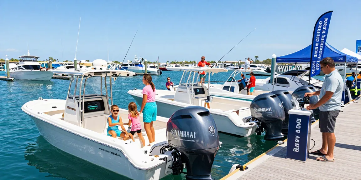 Excited family boarding a boat with a Yamaha outboard motor for sale USA at a lively marina.