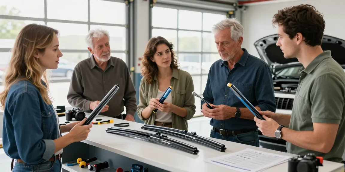 Drivers discussing premium wiper blade options in a well-lit garage.