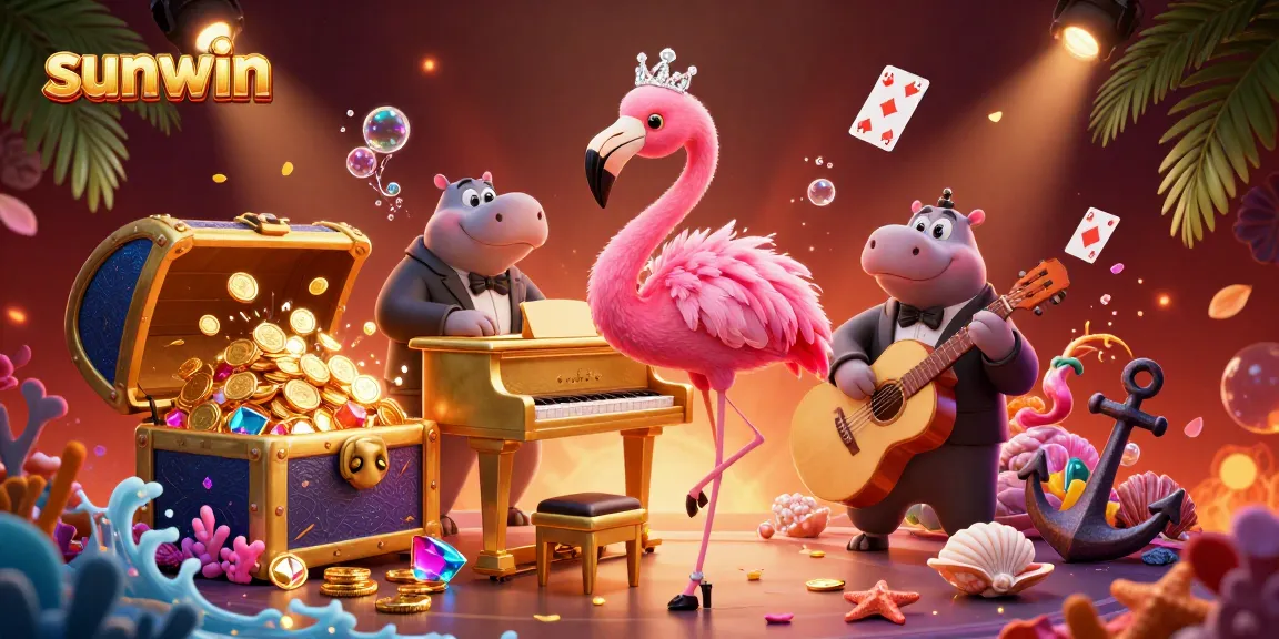 Experience the excitement of sunwin with a vibrant casino illustration featuring a flamingo and hippo in a dynamic setting.