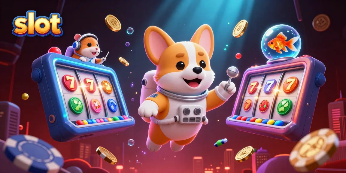 Menangkan slot dengan corgi astronot di kasino luar angkasa, dikelilingi simbol dan koin emas.