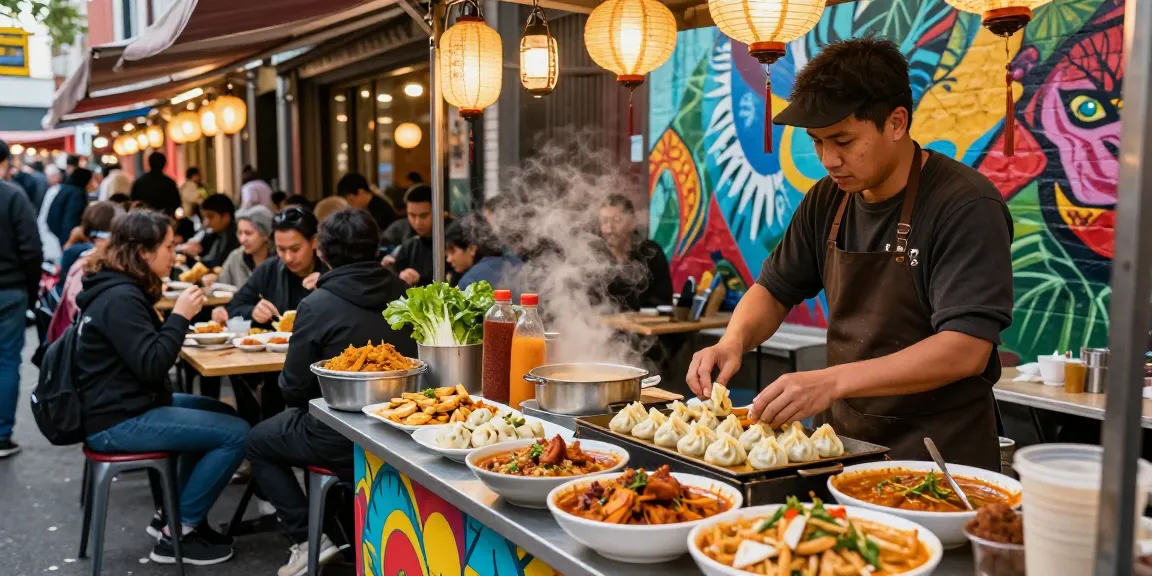 Sample of authentic rokok88 cuisine from vibrant street food market, showcasing momos and curries.