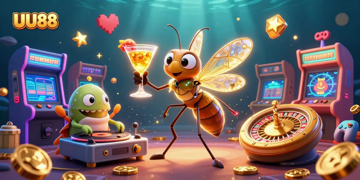 Experience UU88 with vibrant casino elements, featuring a lively mosquito mascot and a trilobite DJ.