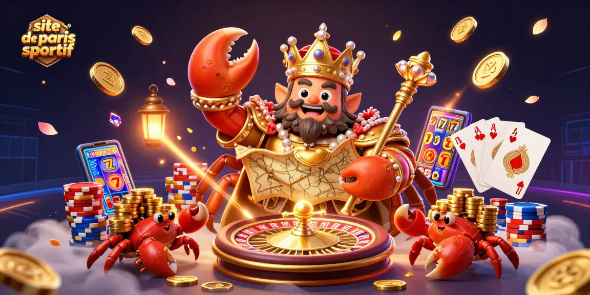 Pariez sur le site de paris sportif avec une scène captivante incluant un crabe empereur et des jetons dorés.