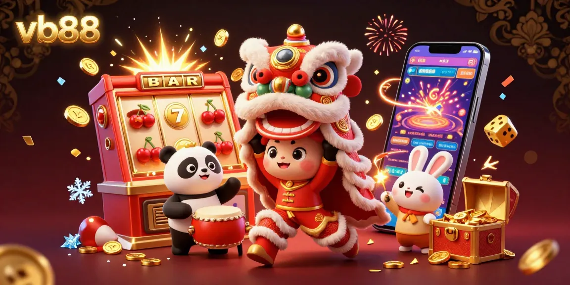 Spin the reels at vb88 with a vibrant lion dance scene packed with casino excitement!