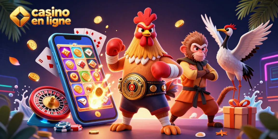 Illustration animée 3D représentant un rooster de Muay Thai et un singe Shaolin, jouant à un casino en ligne.