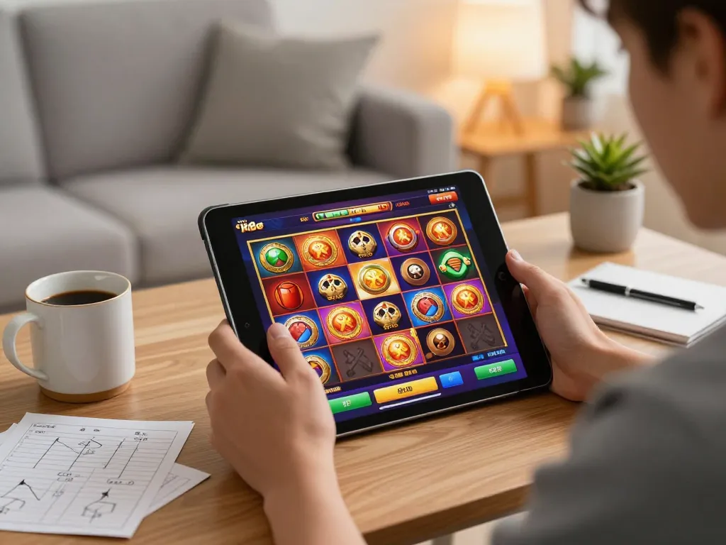 Engaging with slot depo 1k online gaming on a tablet in a cozy home atmosphere.