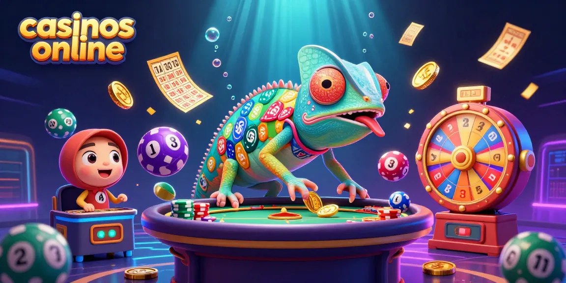Los casinos online ofrecen emoción con un camaleón caricaturesco dueño del casino atrapando monedas doradas.