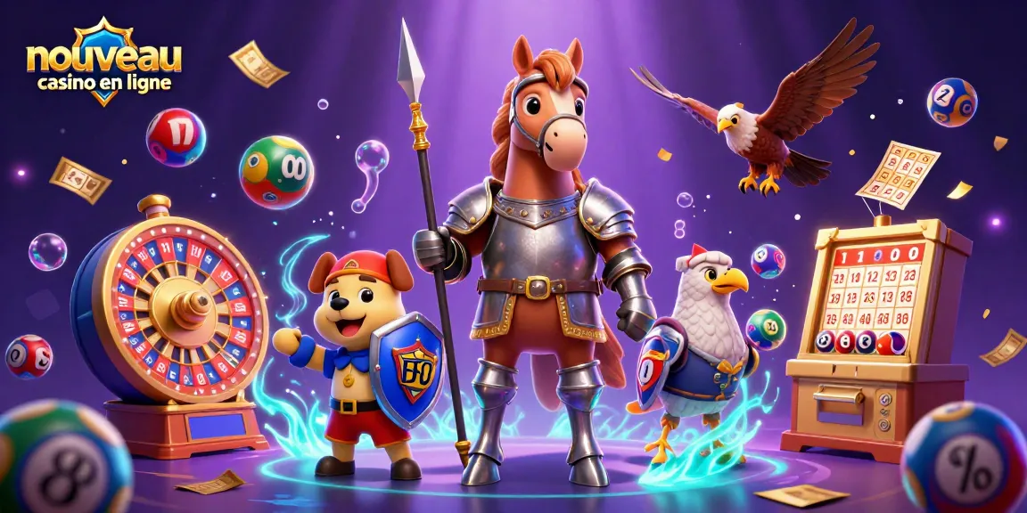 Visualisez le nouveau casino en ligne avec une illustration dynamique de jeu et des éléments de loterie.