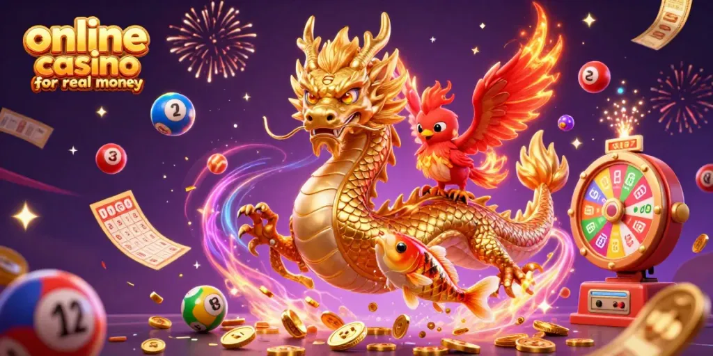 Engage with online casino games for real money depicted through vibrant 3D characters and dynamic game elements.