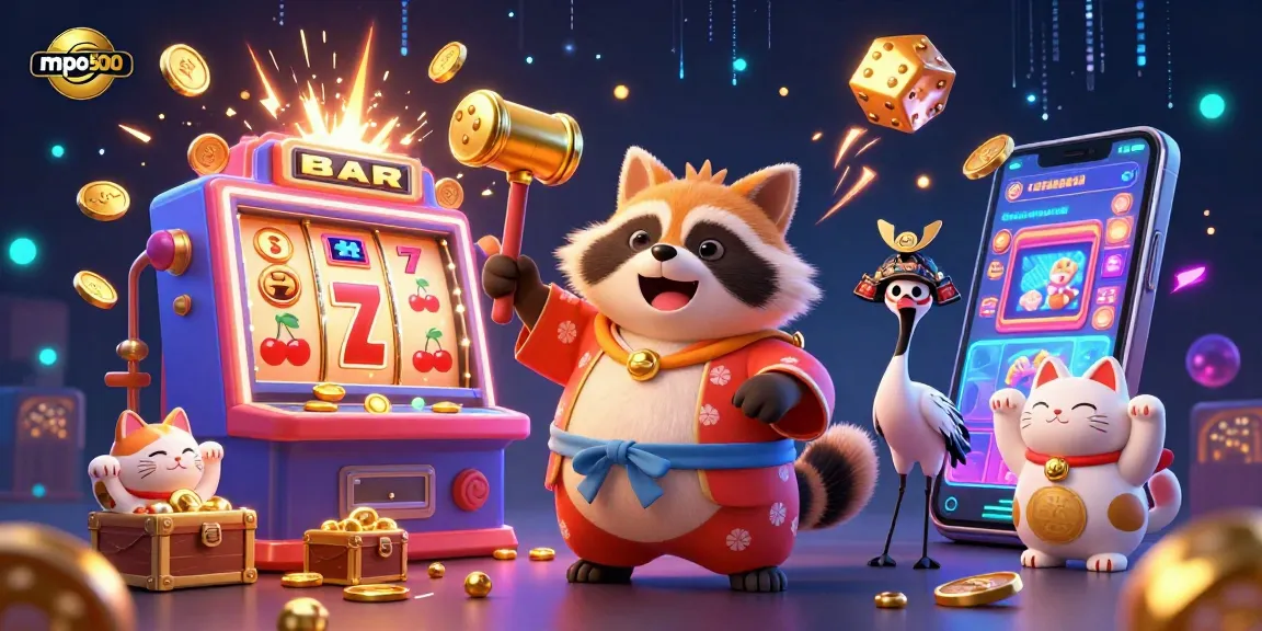 Spin the reels with mpo500 as a joyful tanuki and friends celebrate a jackpot in this vibrant 3D illustration.
