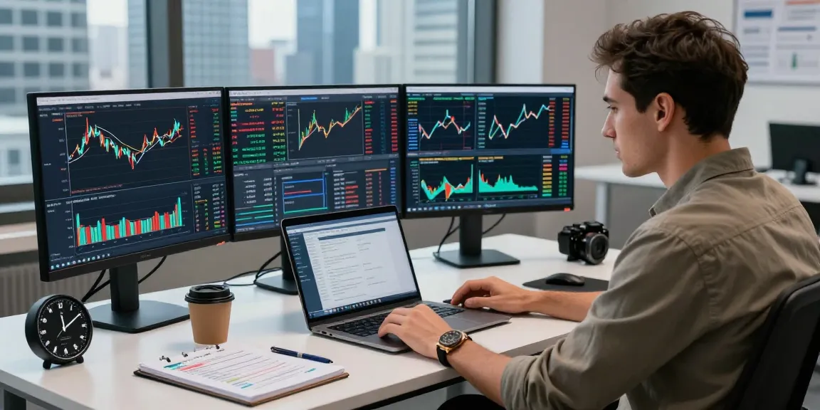 Finio24.com Bewertung: Trader an modernem Schreibtisch mit Trading-Software und Live-Datenanalyse.