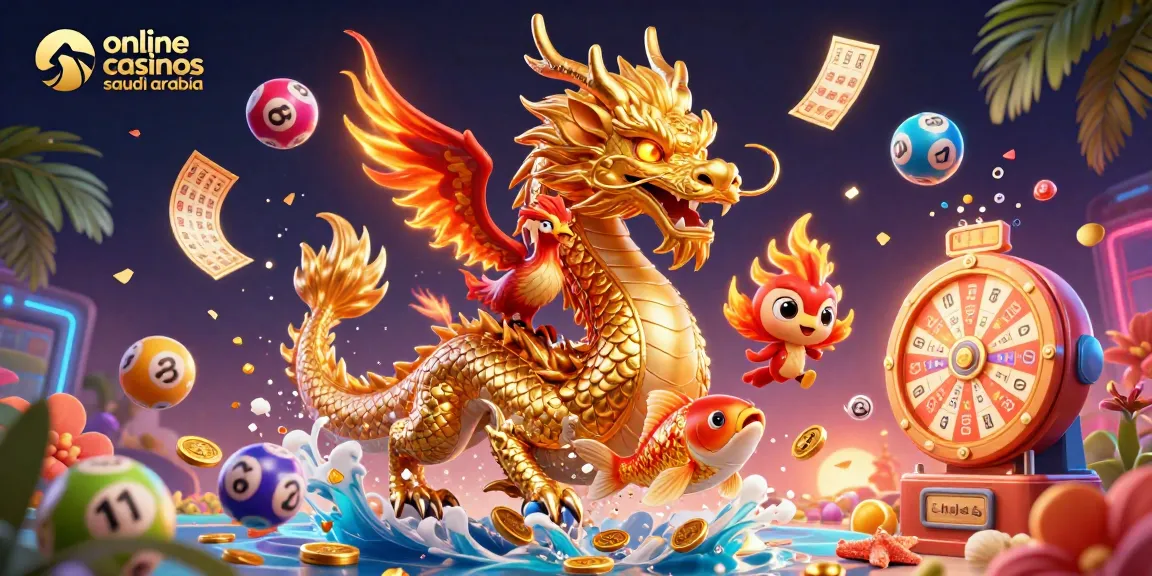 Engage with online casinos saudi arabia featuring a vibrant scene of a golden dragon, phoenix, and koi fish.
