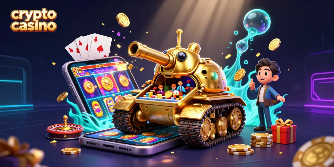 Visitez un crypto casino où un tank en forme de scarabée doré apporte des jeux palpitants avec des confettis et des pièces dorées.