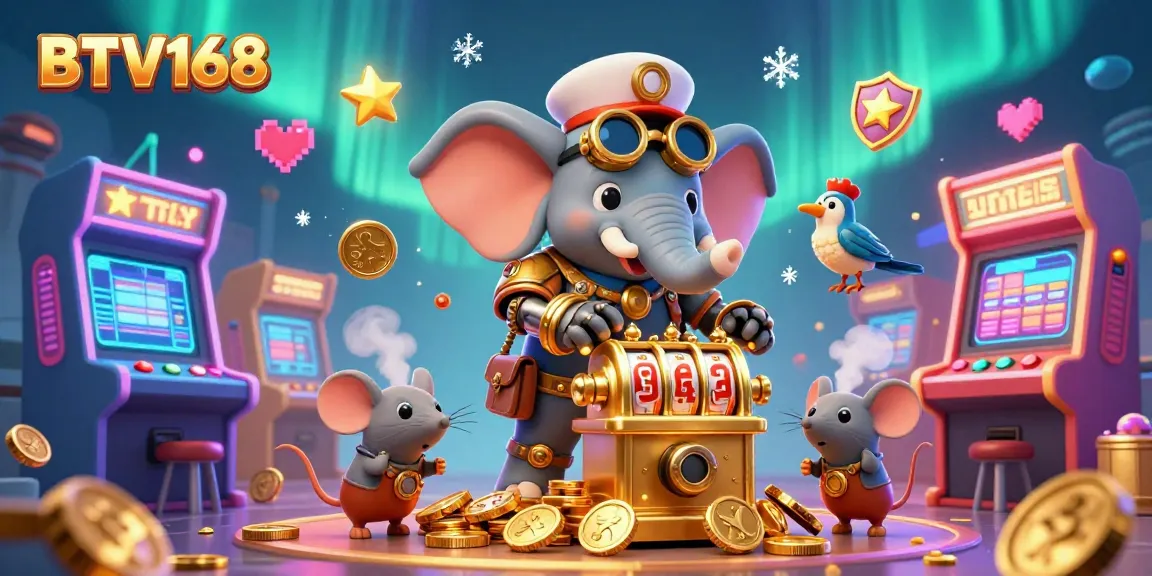 Spin the golden slot machine with BTV168 among vibrant gaming elements and charming steampunk characters.