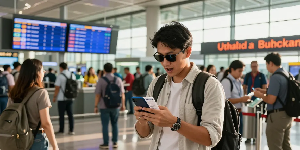 Traveler with Thailand digital arrival card confirmation at Bangkok airport, vibrant crowd and sunny atmosphere.