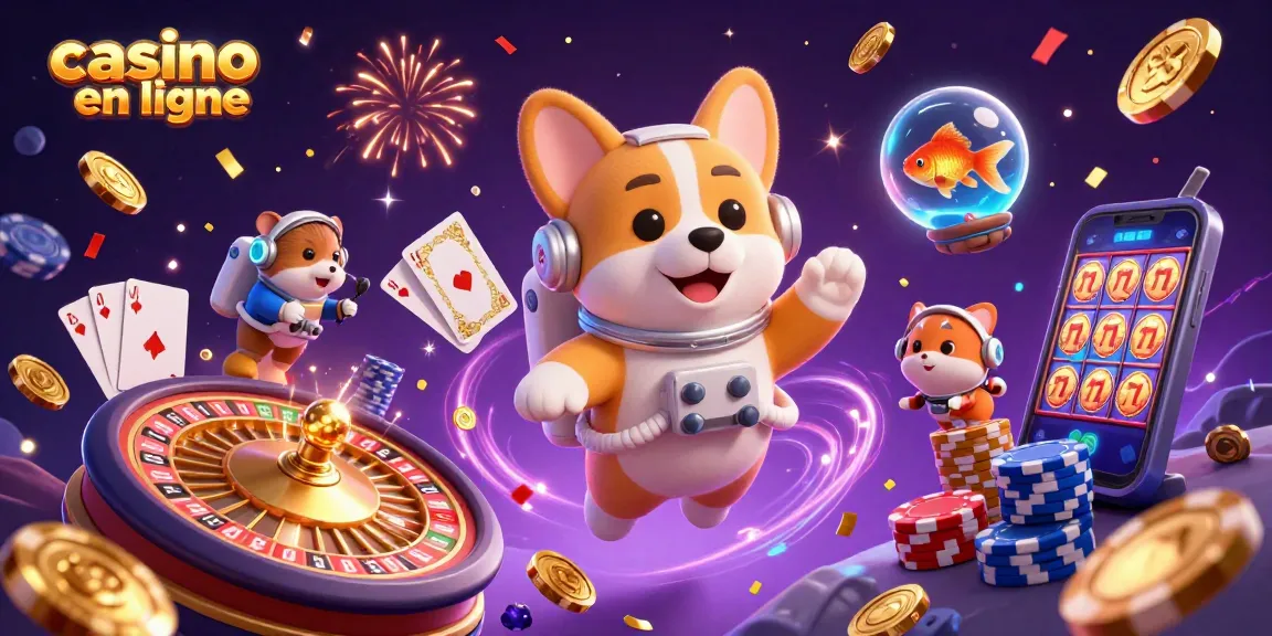 Casino en ligne : Une illustration d'un corgi astronaute flottant parmi des jetons et pièces dans une ambiance festive virtuelle.