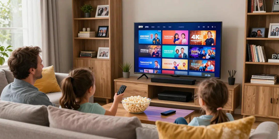 Family enjoying IPTV Quebec service on a cozy couch with vibrant 4K channels.