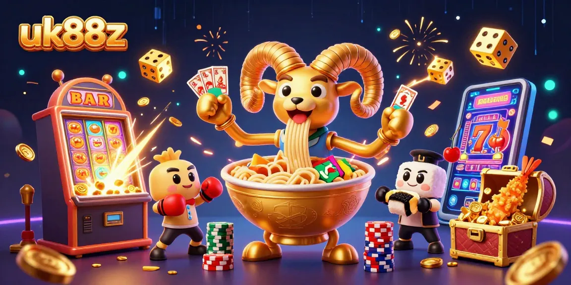 uk88z showcases a vibrant casino scene with a golden ramen bowl, slot machine, and lively characters.