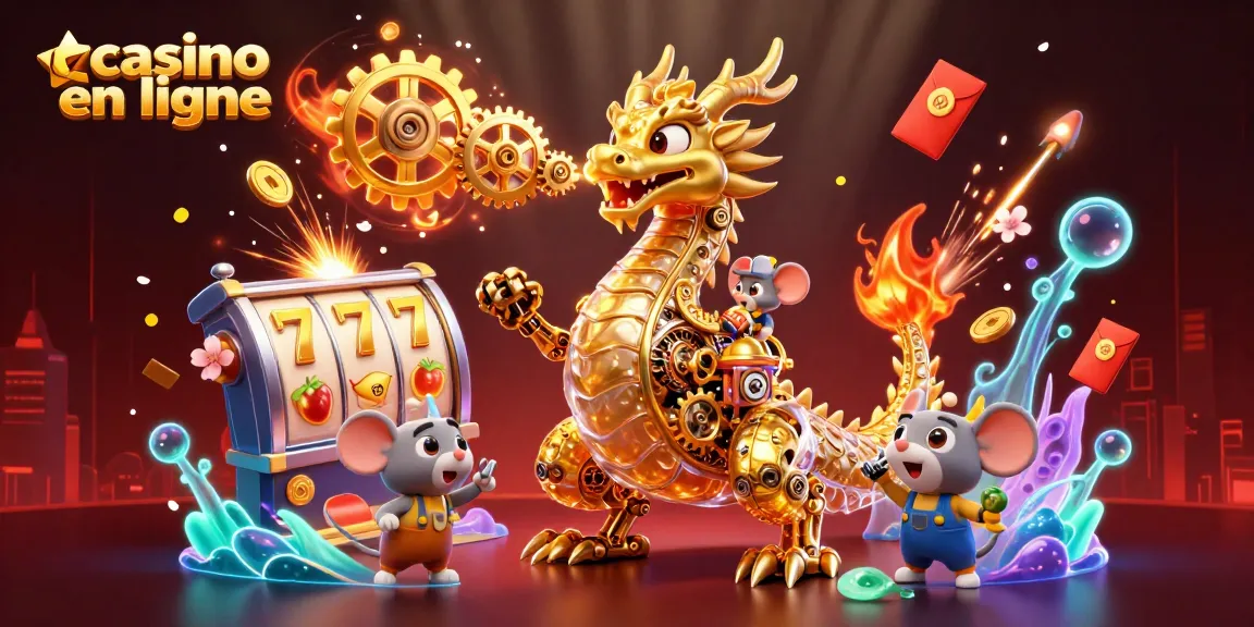 Illustration captivante casino en ligne avec un dragon doré et jeux d'argent animés.