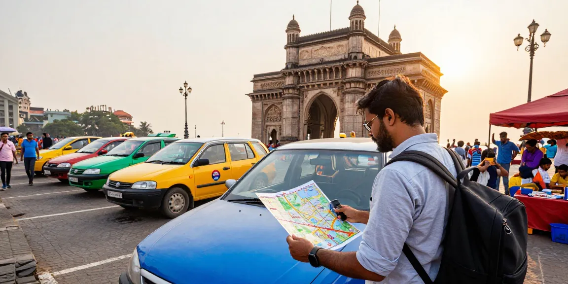 Outstation Cabs at Mumbai's Gateway of India, with travelers and a driver ready for an adventure.