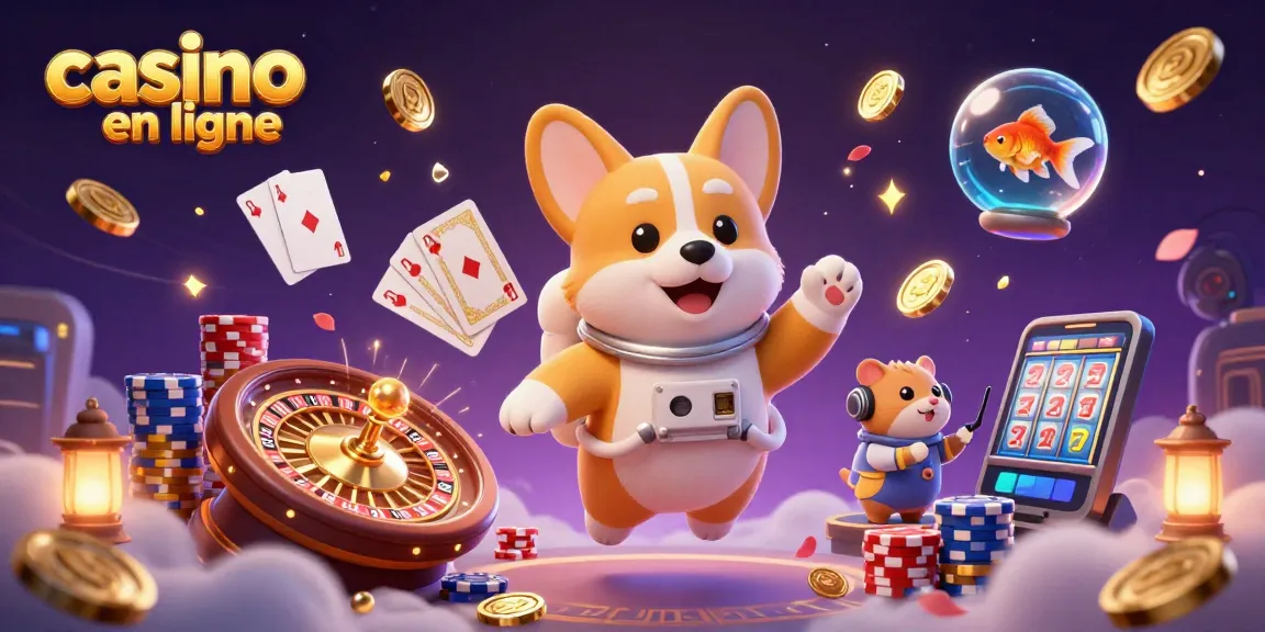 Jouez au casino en ligne avec un corgi astronaute, des jetons de poker et des pièces dorées flottant dans l'univers.