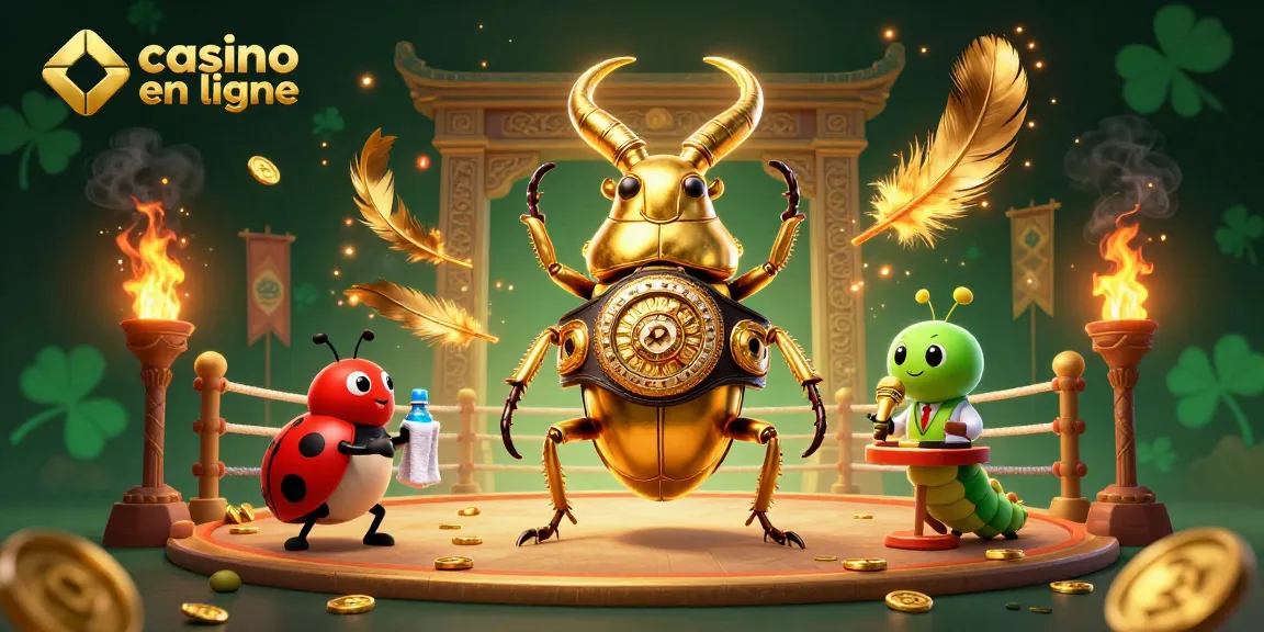 Plongez dans l'univers du casino en ligne avec une illustration captivante d'un scarabée géant en ceinture de boxe, vibrant de détails.