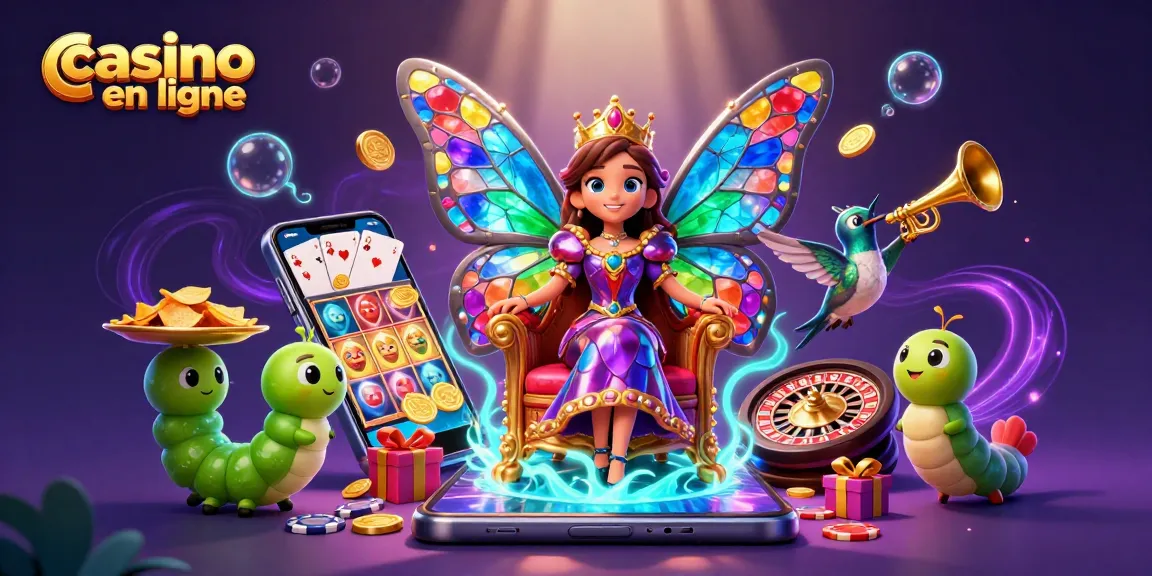 Visualisez le casino en ligne avec une reine papillon et des éléments de jeu, jetons et smartphone.