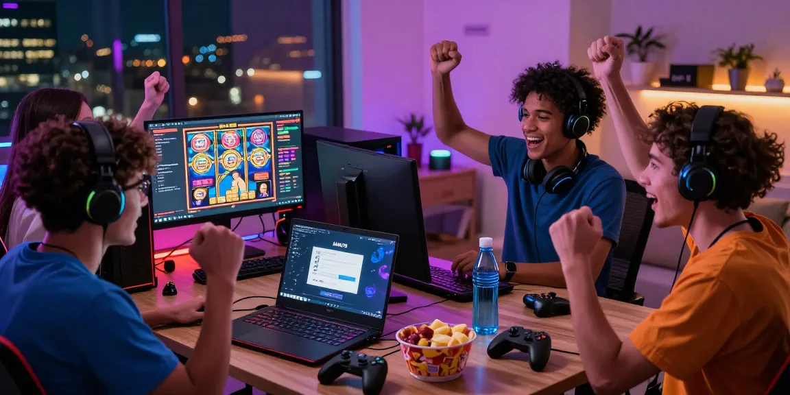Players celebrating a win while accessing the haha178 login on their laptops in a vibrant gaming room.