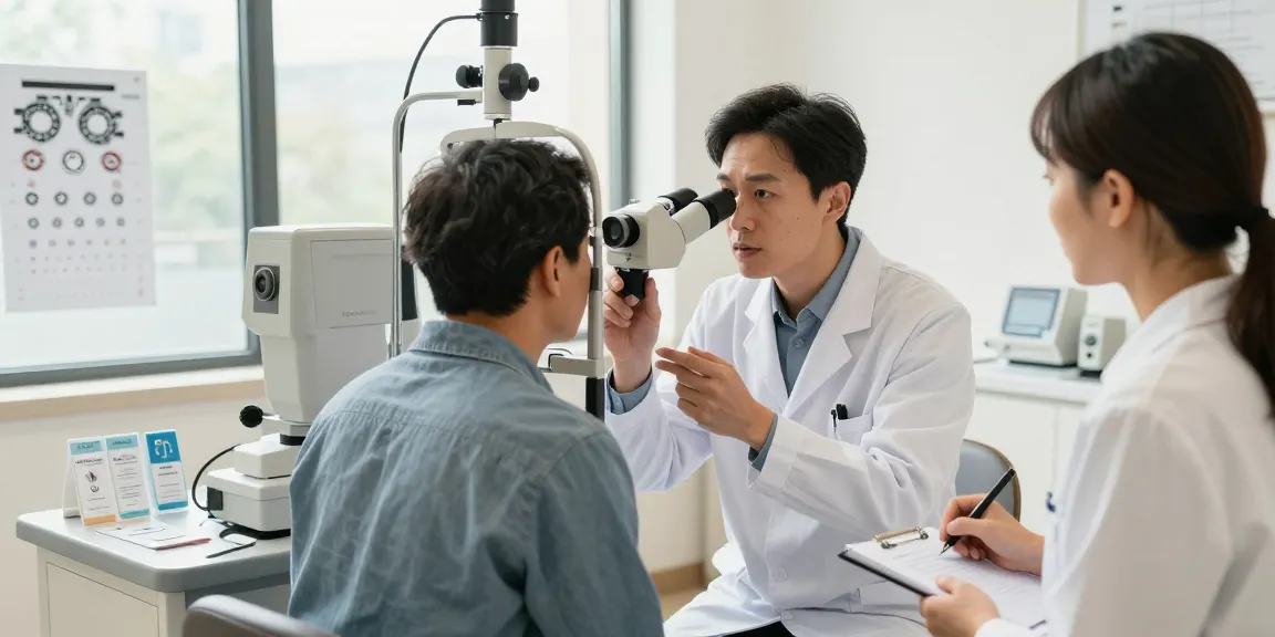 Patient consultation about glaucoma in a modern ophthalmology clinic with doctor and equipment.