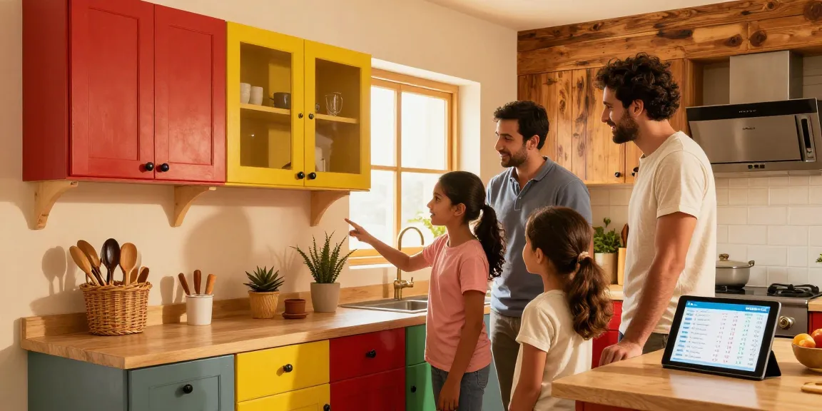 Exploring options for شراء مطابخ مستعملة بالرياض with a family in a cozy kitchen.