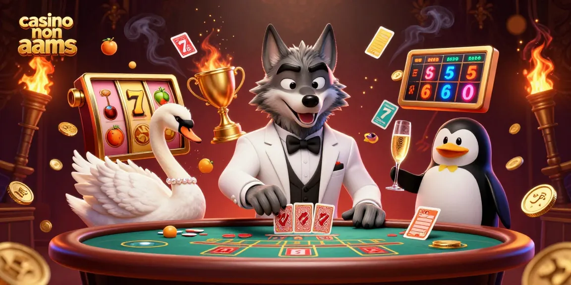 Scopri il mondo dei casino non AAMS con un lupo elegante alla baccarat, un cigno che distribuisce carte e un pinguino sommelier.