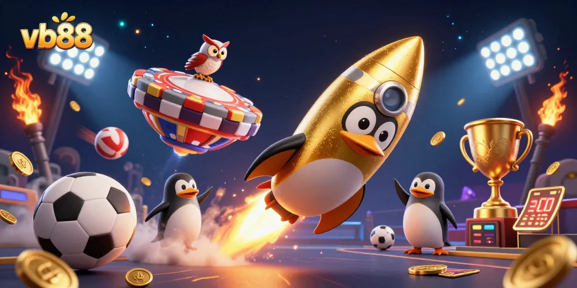 Engage with vb88 as the golden penguin rockets towards a space casino, amidst dynamic betting elements.