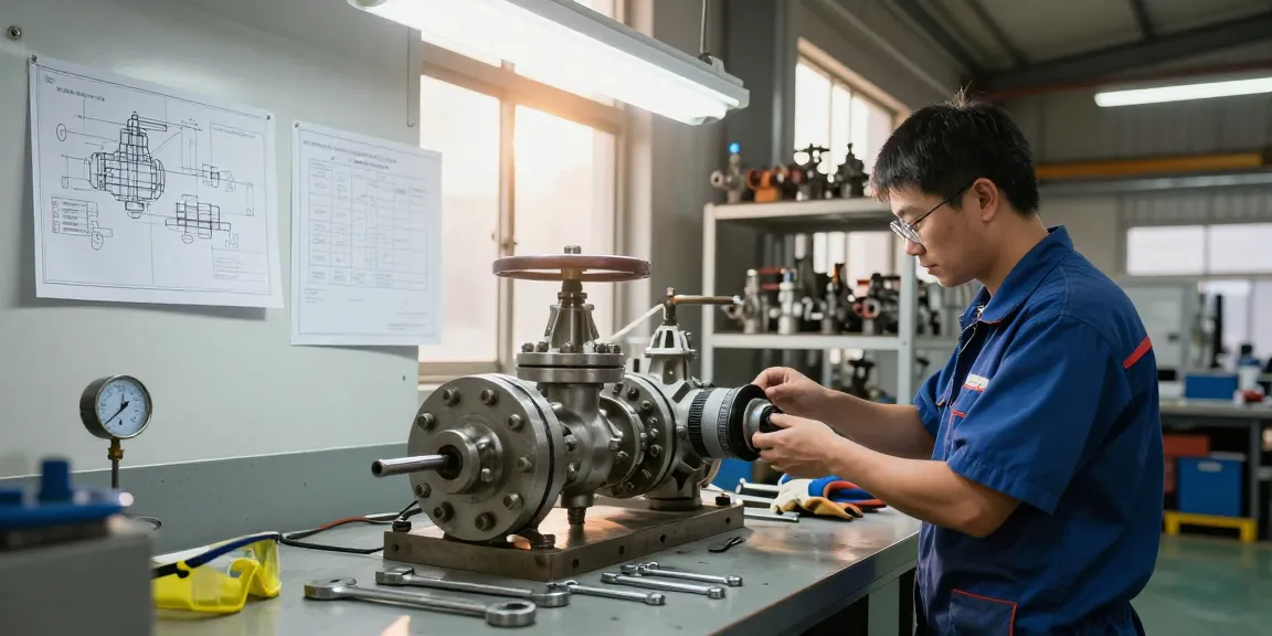 Valves being examined in a valve directory manufacturing facility, showcasing tools and components.