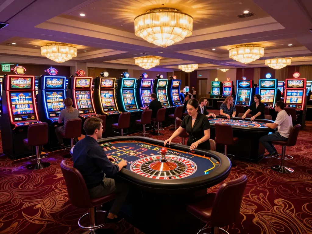 Pemain terlibat dalam permainan slot yang mendebarkan di kasino mewah yang menampilkan aneka4d.