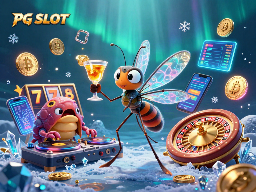 Play PG SLOT with a captivating 3D illustration featuring vibrant characters and crypto elements.