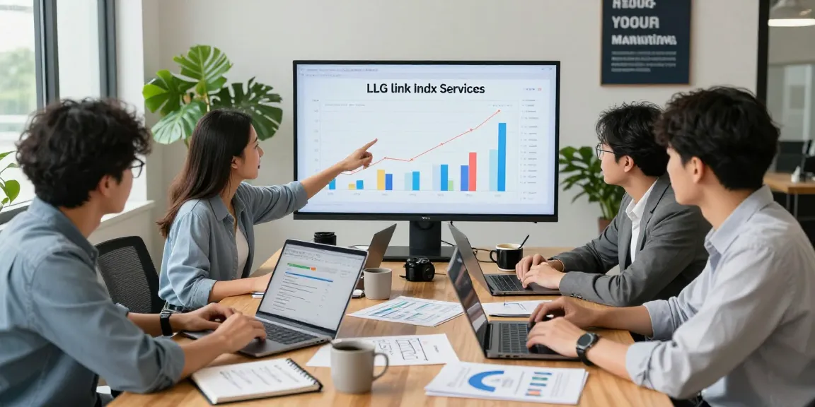 Team discussing LLG link indx services metrics in a modern office setting.