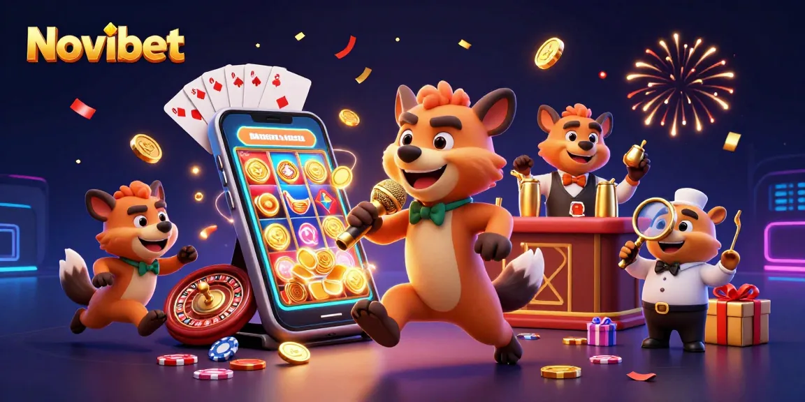 Enjoy exciting gaming at Novibet with a lively casino scene featuring cartoon hyenas and thrilling slots.