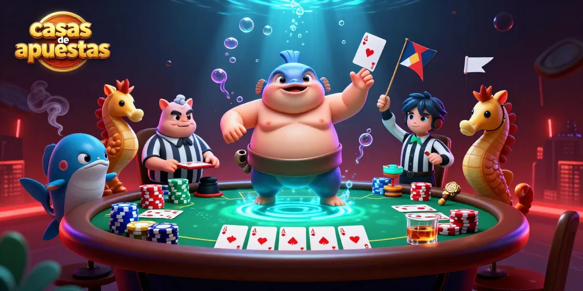 Casas de apuestas: fugu gigante y árbitro disfrutando en un emocionante juego de póker bajo el agua