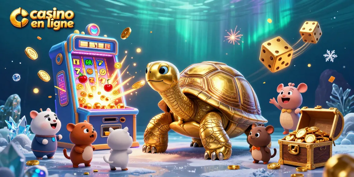 Jouer au casino en ligne avec une tortue géante et des machines à sous dans une scène animée.
