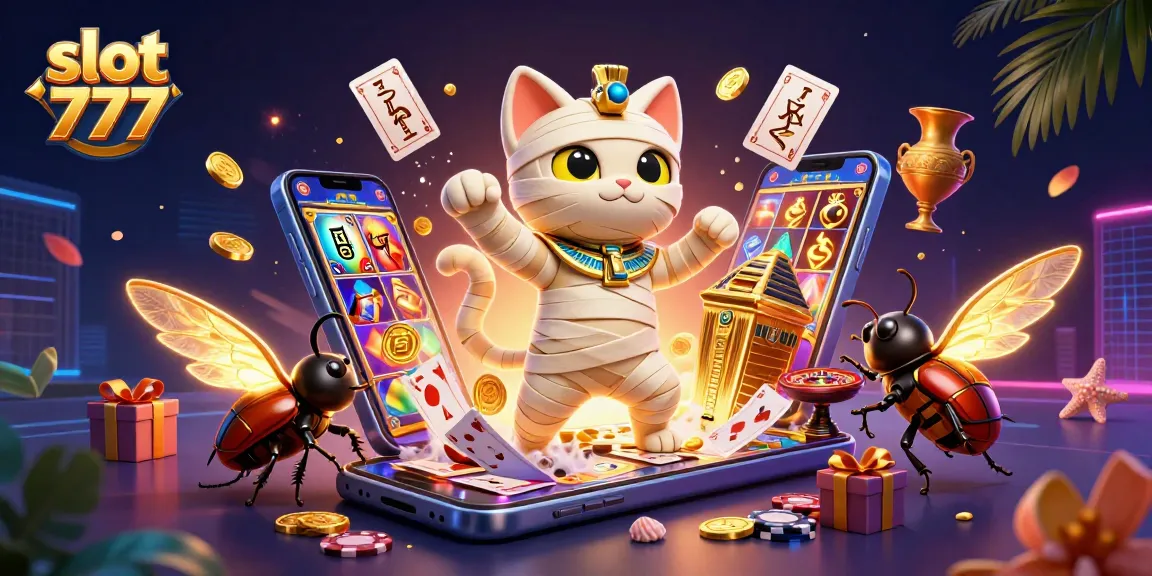 Mesin slot 777 menghadirkan suasana kasino yang megah dengan kucing мумия dan scarab bersinar.