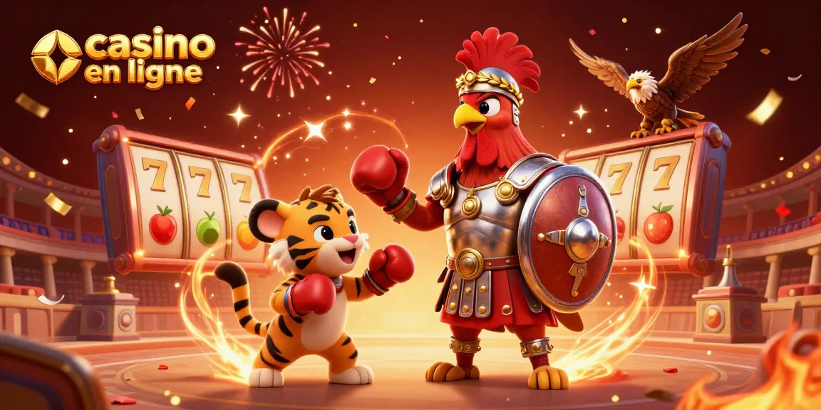 Profitez de l'action des jeux de casino en ligne avec un coq gladiateur et un tigre cub en entraînement.