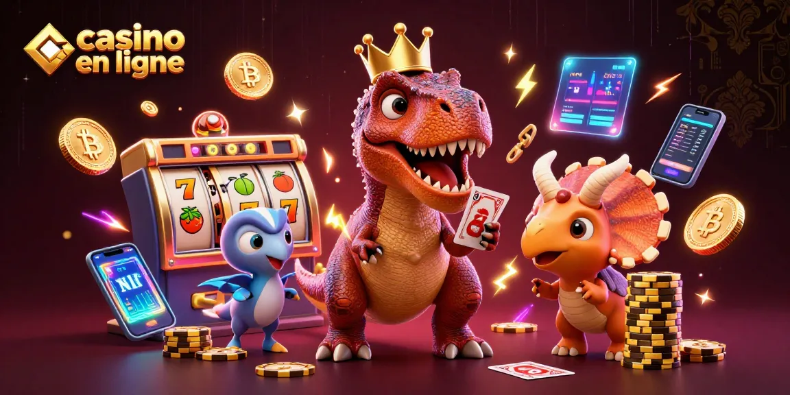 Jouez au casino en ligne avec un T-Rex amusant utilisant des cartes et des jetons en or.