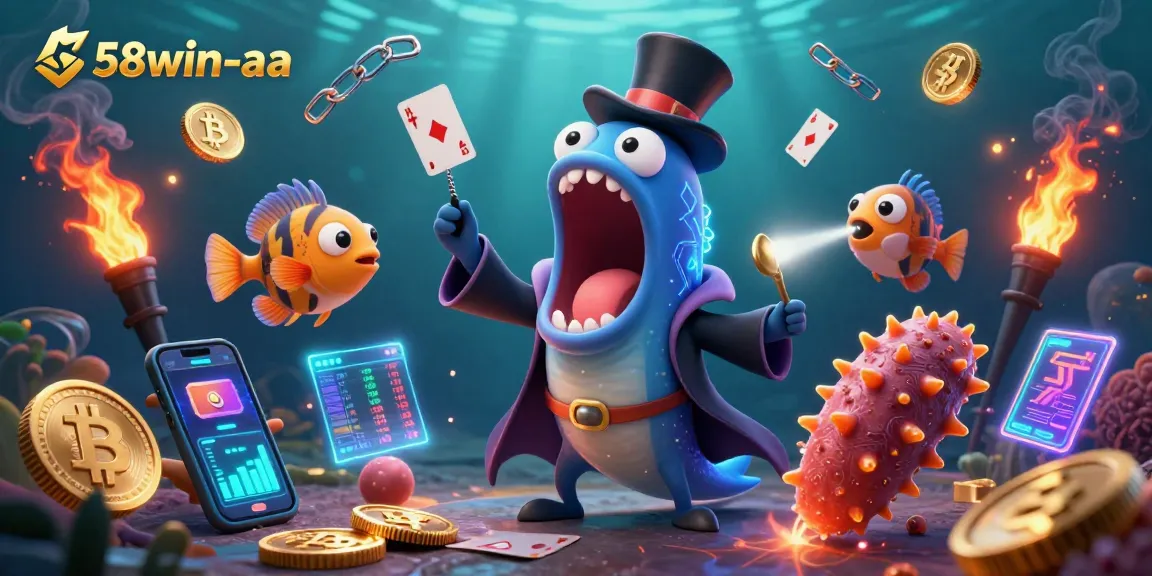 Engage with 58win-aa in this vibrant underwater casino scene showcasing magic and cryptocurrency.