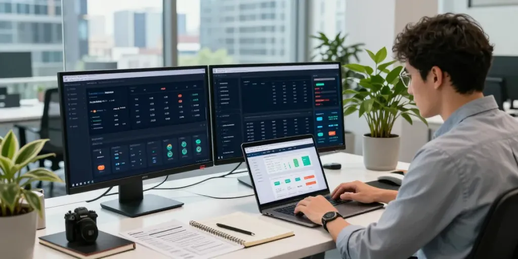 Marketer analyzing site performance and instant indexing strategies in a modern office.