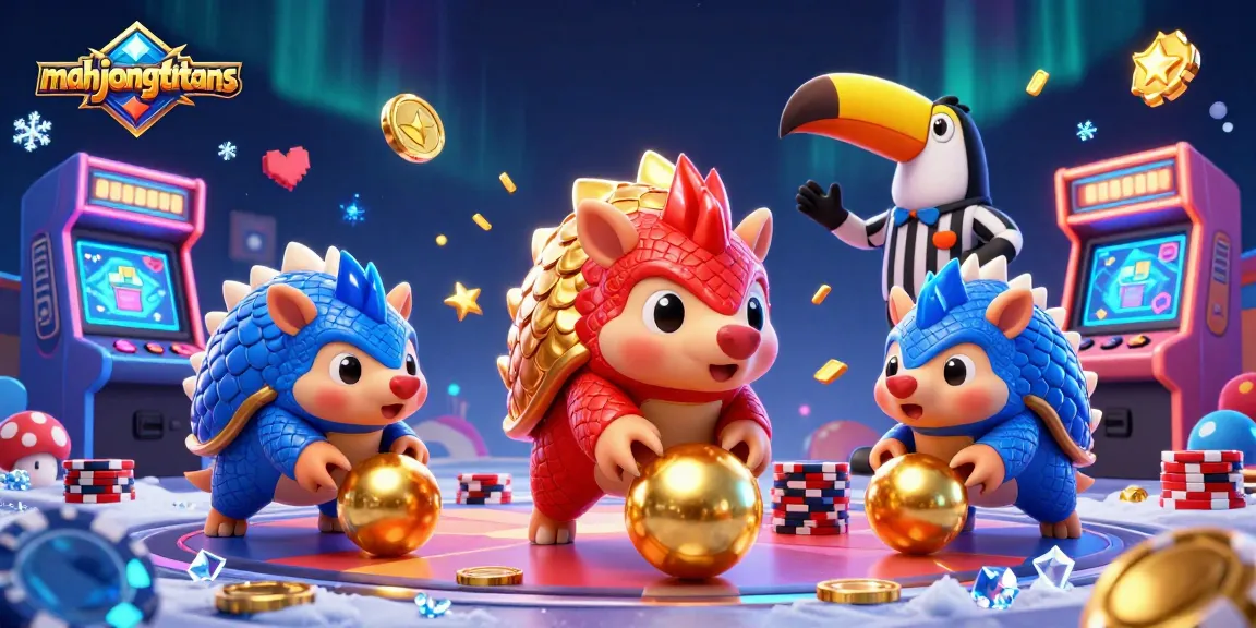 Bowling pangolins play mahjongtitans against poker chips in vibrant casino atmosphere.
