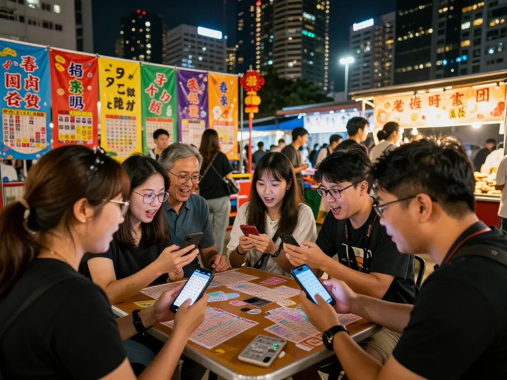 Excited group checking HK Lotto results under vibrant city lights in Hong Kong.