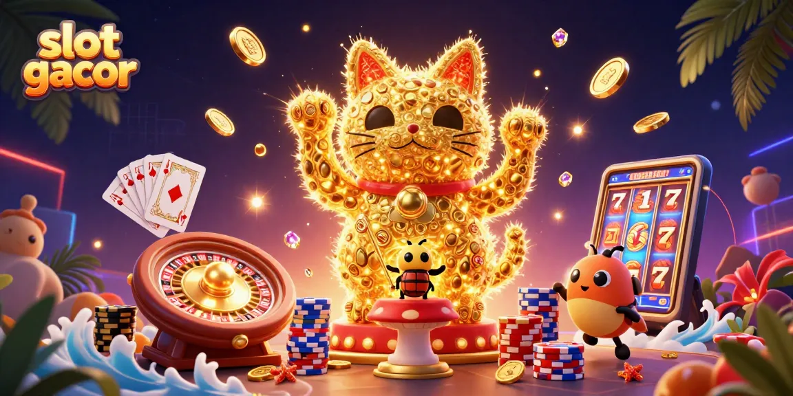 Mainkan slot gacor dengan kemewahan kucing keberuntungan dan simbol kasino yang berkilauan.