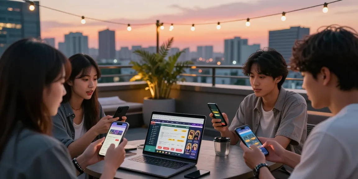 Friends discussing top 토토사이트 on a sunset rooftop with smartphones and a laptop.