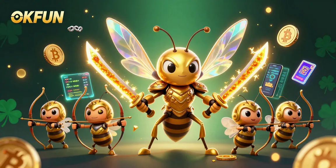 Experience OKFUN excitement with a captivating scene featuring a samurai hornet and crypto elements.